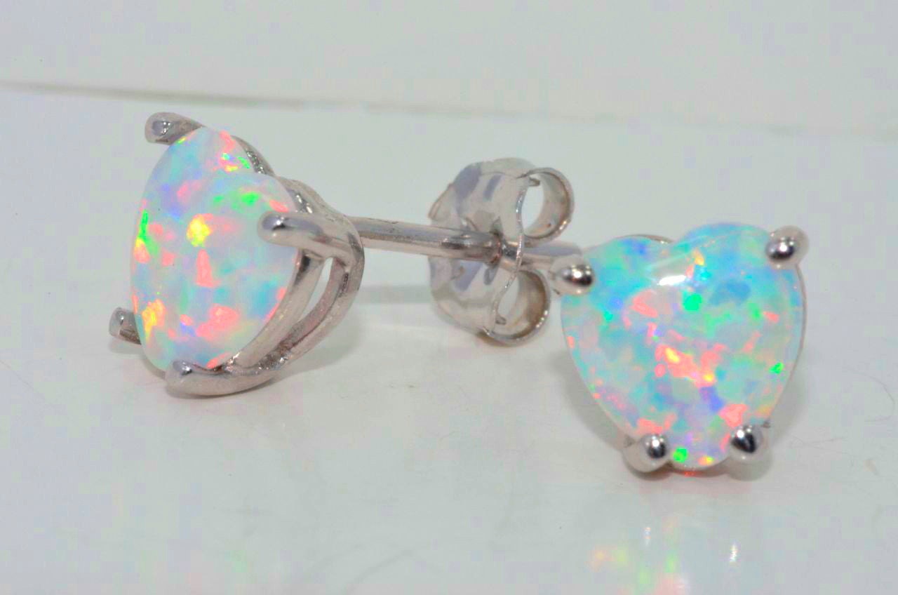 Opal Heart Shape Stud Earrings .925 Sterling Silver Rhodium