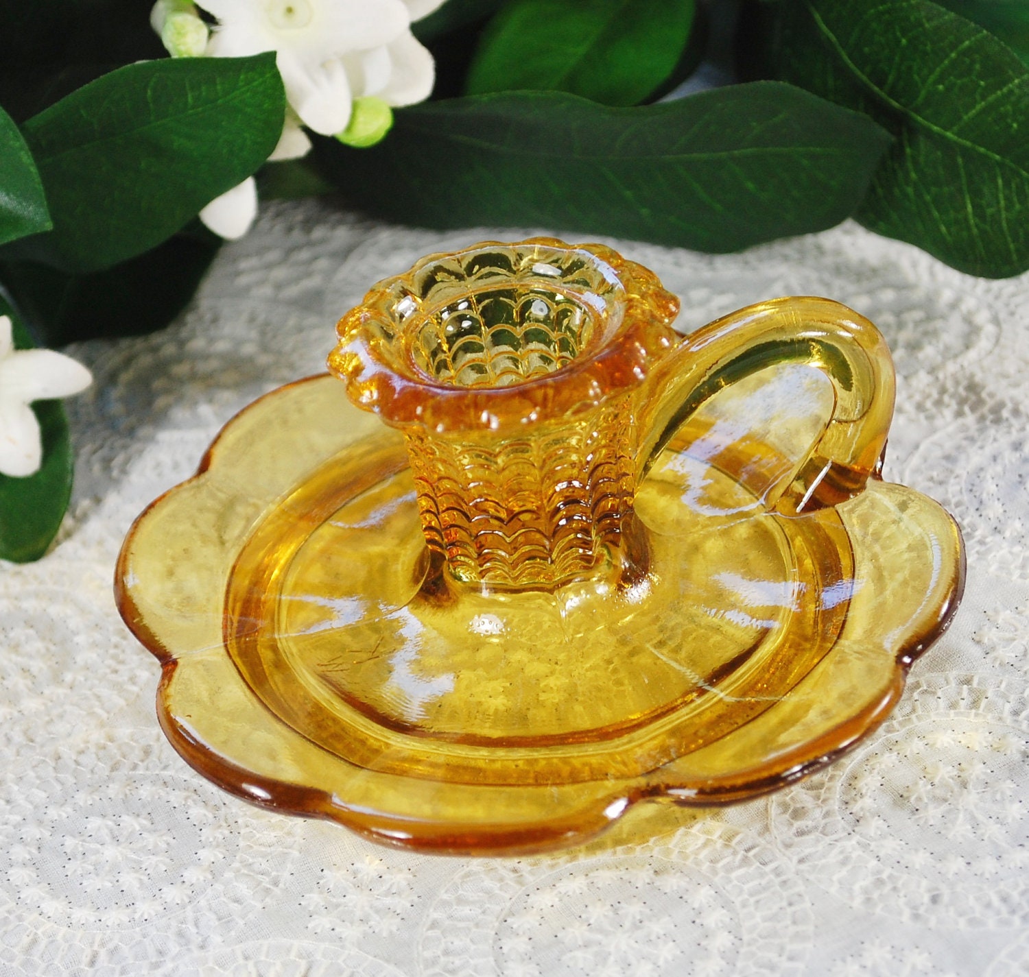 Vintage Depression Glass Amber Yellow Candle Holder Chamber