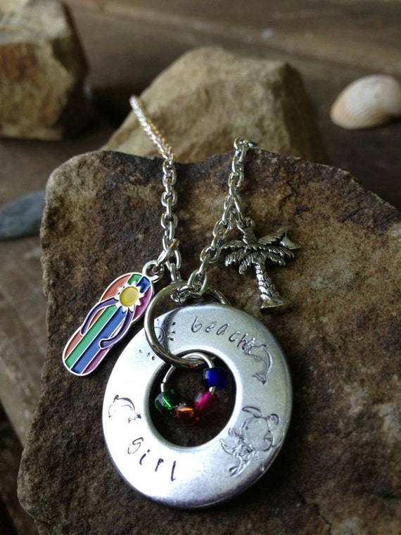 Beach Girl Metal Stamped Washer Pendant Necklace