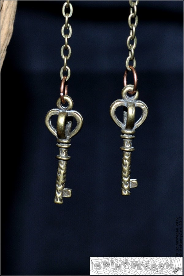Key Earrings - Steampunk, small, bronze, chain, copper ring, ring, copper, handmade, metal - 8,8 cm