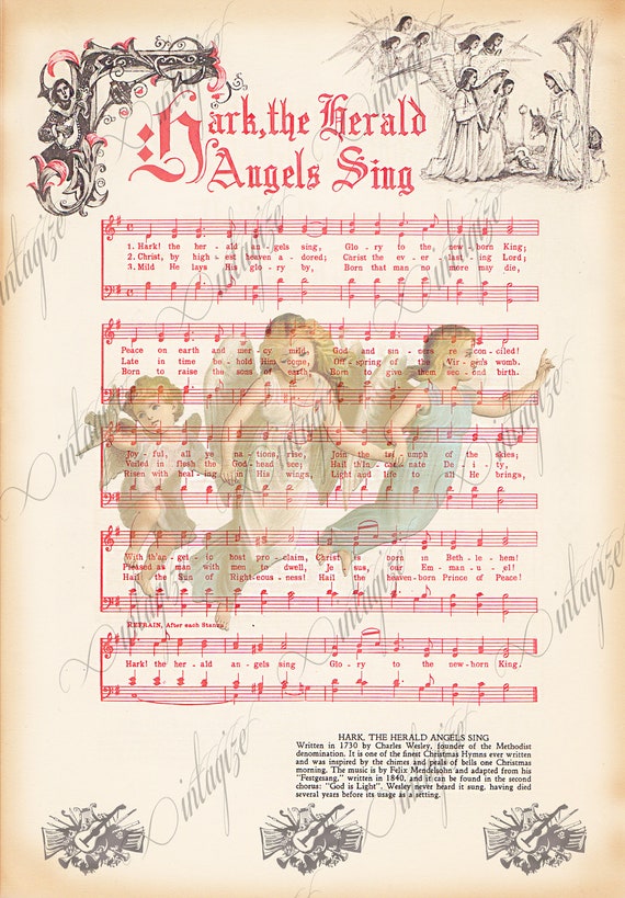 Items similar to Hark the Herald, Angels Sing Printable Vintage