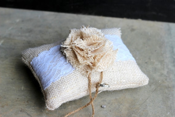 Burlap Wedding Ring Bearer Pillow- Lace-  Tan Burlap- Fabric Flower- Wedding- Shabby Chic- Rustic- Ring Bearer Cushion- Fall wedding- Winter