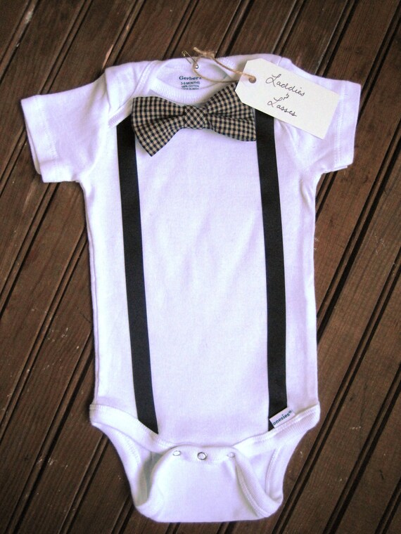 Items similar to Short Sleeve Necktie or Bow Tie Onesie with Suspenders ...