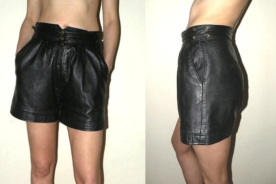 Vintage Black Leather High Waisted Shorts Size EU 40 by Ramaci