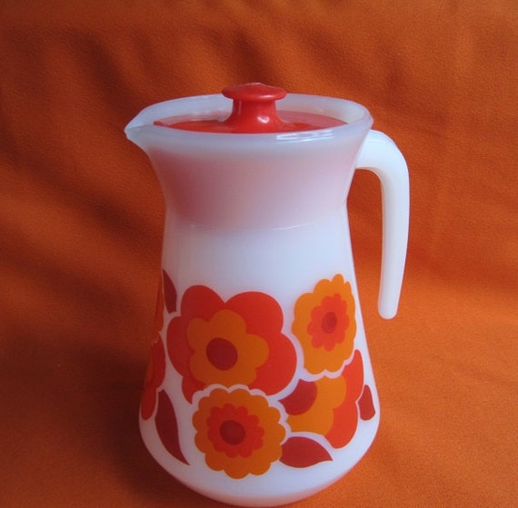 Large Arcopal France Lotus Pitcher Jug Carafe White Milk Glass Red and Orange Flower Pattern Red Plastic Lid Mid Century Garden Party Summer