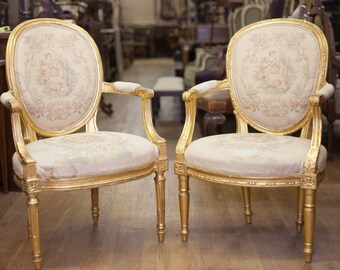 Beautiful Pair of French Gilt Arm Chairs