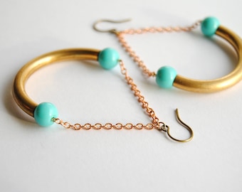 SALE - Aqua Curve Earrings with Vintage Brass - FREE US Shipping