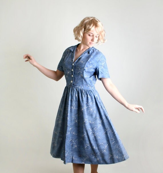 1950s Day Dress Vintage Cornflower Blue Paint Splatter by zwzzy