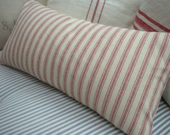 French Cottage 22x12/Ticking/Down Pillow/Woven Linen/Paris Shabby Chic Stripe/Urban Loft/Red Ticking/Bedroom/Farmhouse