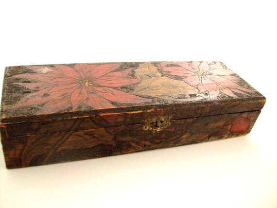 Flemish+681 Antique Flemish Glove Box - Wood Christmas Poinsettia Art Pyrography