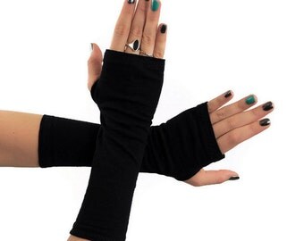 Black Fingerless Gloves, Long Arm Warmers, Wrist Warmers, Jersey Cotton Gloves, Dark Womens Tattoo Cover Up, Covers, Womens Gift for Her