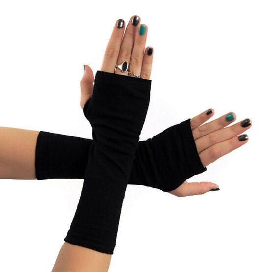 Black Fingerless Gloves Arm Warmer Wrist Jersey by ForgottenCotton