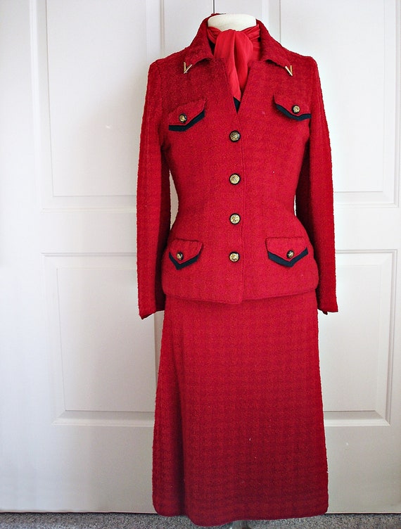 Vintage 60s Adolfo suit/ designer red wool boucle knit/ skirt