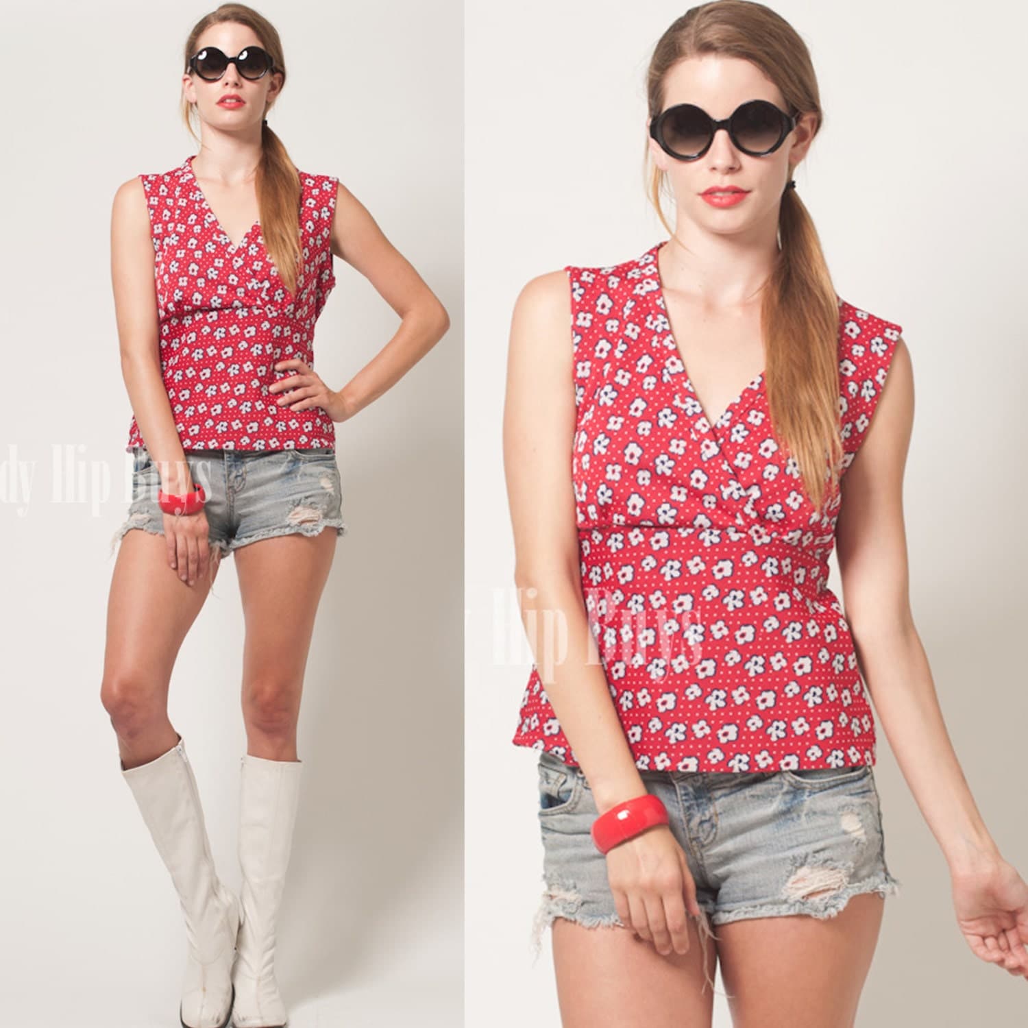 Mod top, Vintage red top, 60s top, Vintage Tank top, Red floral top – S ...