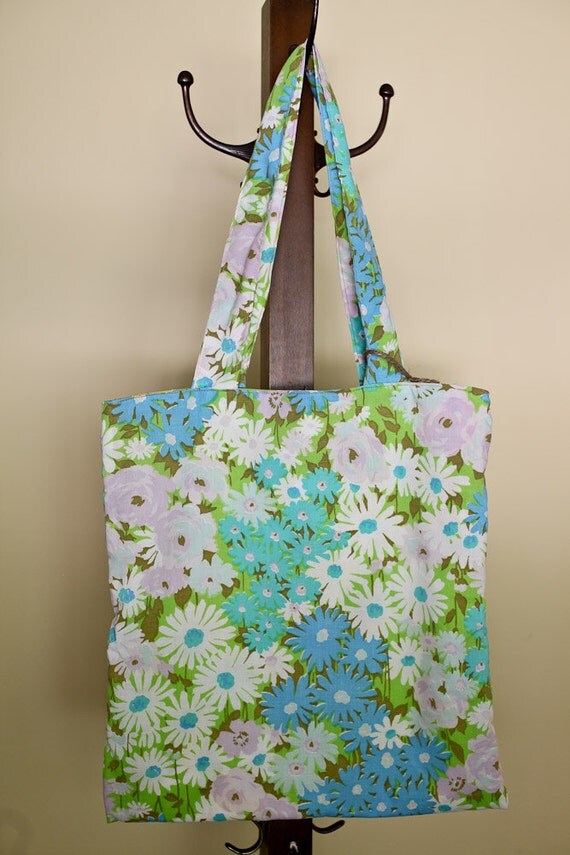 Items similar to Upcycled Teal Bag / VINTAGE bed sheet tote / retro ...