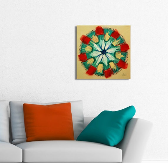 Mandala Painting on Canvas, Original Mandala Painting, Mandala Art, Meditation Art, red, green