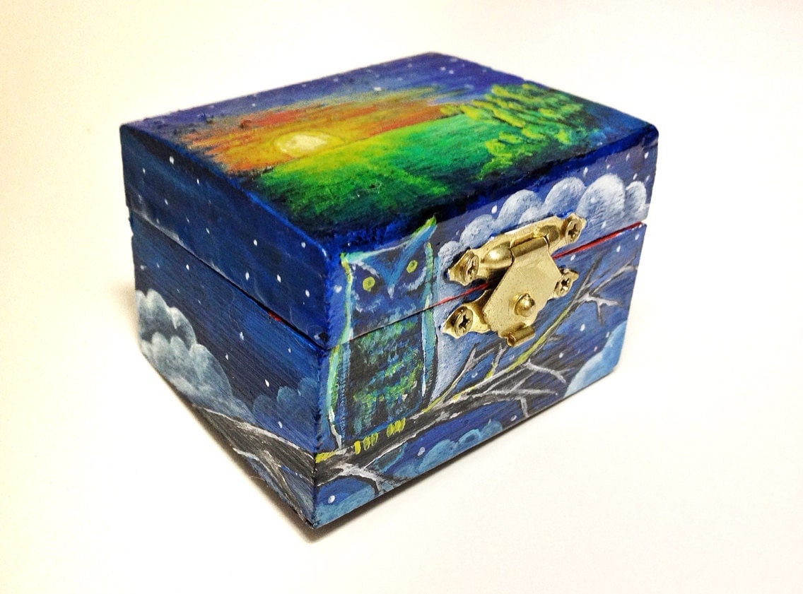 Hand painted Trinket box keepsake box painted wooden box owl