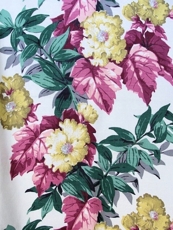 Vintage 40s Barkcloth Fabric Tropical Flowers BEAUTIFUL