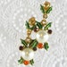 RESERVED, Vintage Dangle Earrings, Christmas Holly Leaves, Green Enamel, Red Orange Rhinestones, White Pearls, Pierced, RESERVED