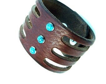 Trinity Turquoise Leather Cuff Bracelet, Men's Womens Native American Style Wrist Band Cuff, Boho Gypsy Tribal Jewelry, Bohemian Bracelet