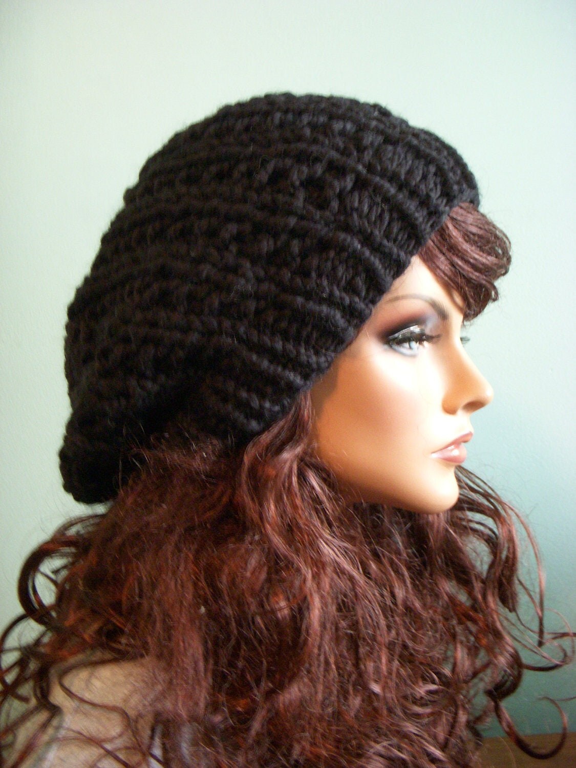 Black Slouchy Chunky Knitted Hat Hand Knit Jet Black Beret