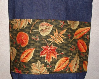 New Large Handmade Fall Leaves Leaf on Basket Weave Background Denim Tote Bag