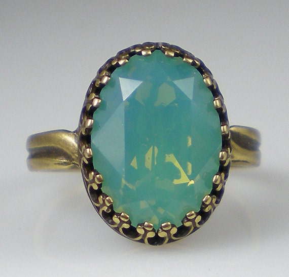 Pacific Opal Rhinestone Ring Vintage Inspired Oxidized Brass