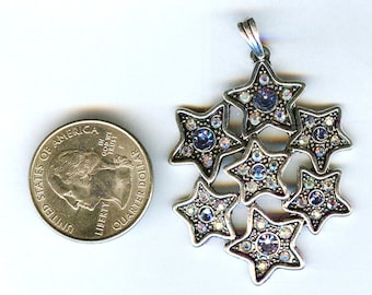 Gorgeous Stars Pendant with Aqua & Clear Rhinestones 2 1/4"