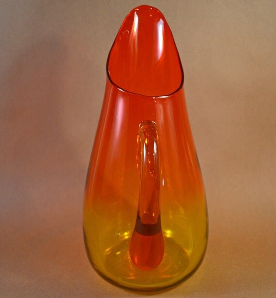 Gorgeous Vintage Blenko Glass Pitcher In Amberina Orange And