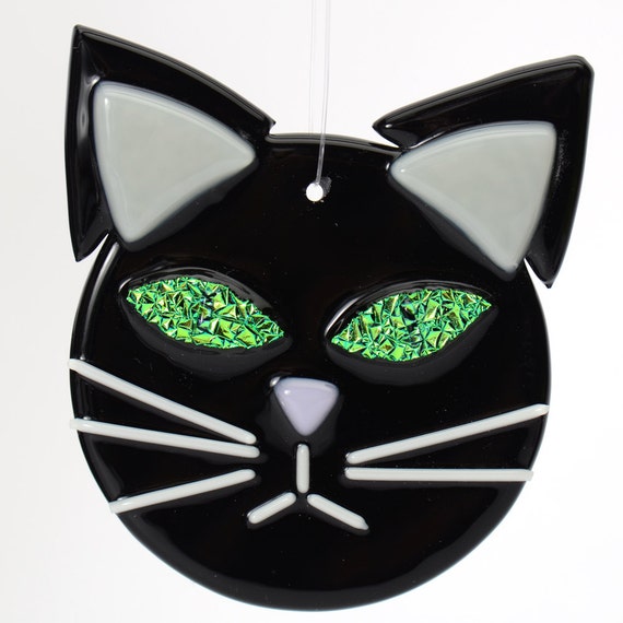 Black Cat With Green Eyes Fused glass ornament by Artdefleur