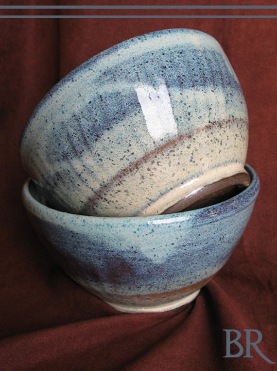 Set of 2 Soup Bowls Stoneware Pottery Blue and Beige