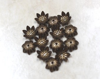 9mm bead caps antiqued brass flower 30
