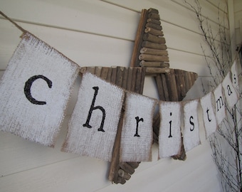 christmas Glittered Painted Burlap Banner