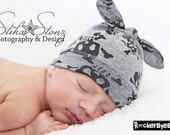 RockerByeBeanies Newborn Baby knit skull cap hat beanie Gray Splatter SKull Burnout Print  for your little boy or girl