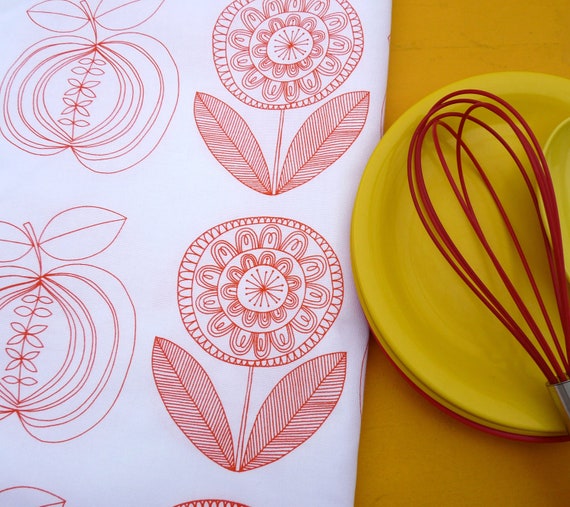 New Scandinavian Screen Printed Apple and Flower Tea Towel Fabric by Jane Foster