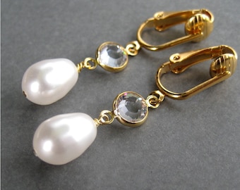 White Pearl Drop Clip On Earrings, Gold Ear Clips, Round Clear Crystal Clipons, Simply Modern Gold
