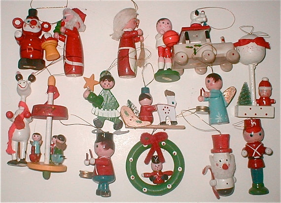 Vintage Wooden Christmas Ornaments Made in Taiwan Santa