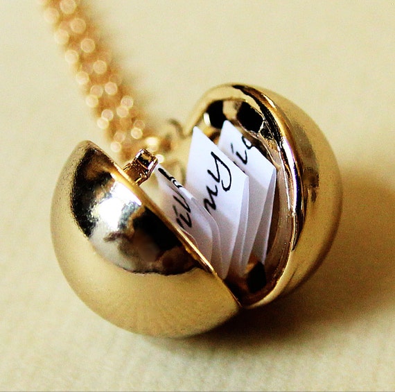 Shiny Gold Secret Message Locket - Vintage Brass Ball Locket Necklace