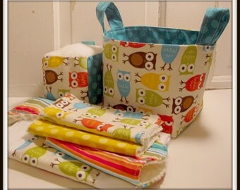 I'm A Hoot in Brown Baby Gift Basket---- Burp Cloth, Bib, Rattle Block, Wash Cloth Set and Fabric Basket