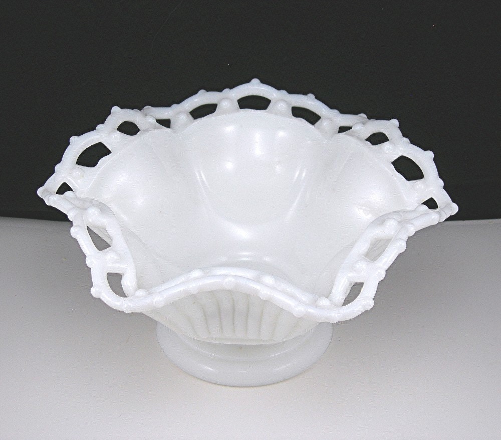 Vintage White Milk Glass Footed Bowl Lace Edge Westmoreland 1474