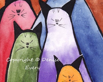 Abstract Siamese Kitties Crayon Colors Cat Art ACEO Original Painting ATC