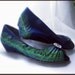 Wedding Shoes navy blue peacock feather custom wedge bridal accessory low heel peep toe