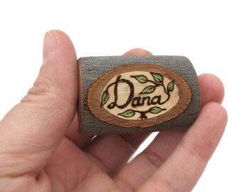 Wooden Name Tag Brooch Rustic Twig Slice - Pyrography by Tanja Sova - MADE TO ORDER