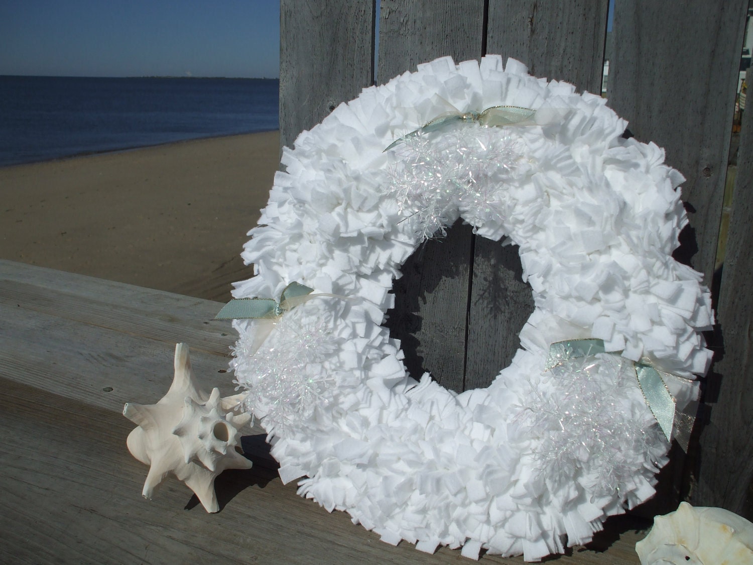 Shimmering Snowflakes Christmas Rag Wreath White Fleece Aqua and pale gold ribbons Holiday Wreath