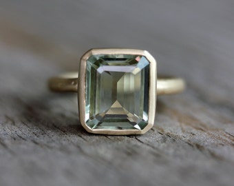 Emerald Cut Green Amethyst Ring, Prasiolite Ring in Recycled Yellow Gold, Octagon Prasiolite Gemstone Ring, Amethyst Jewellery