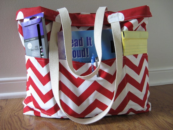 Large Teacher Tote Deluxe, REVERSIBLE, Chevron Beach Bag, school tote bag Red chevron and Red Dots, school colors