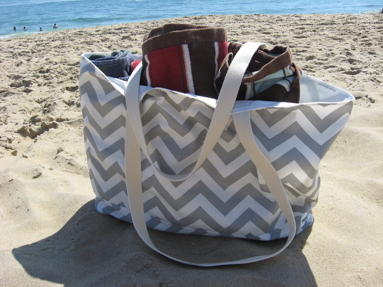 Beach Bag Extra Large Gray & White Chevron Beach by ThreadedRVA