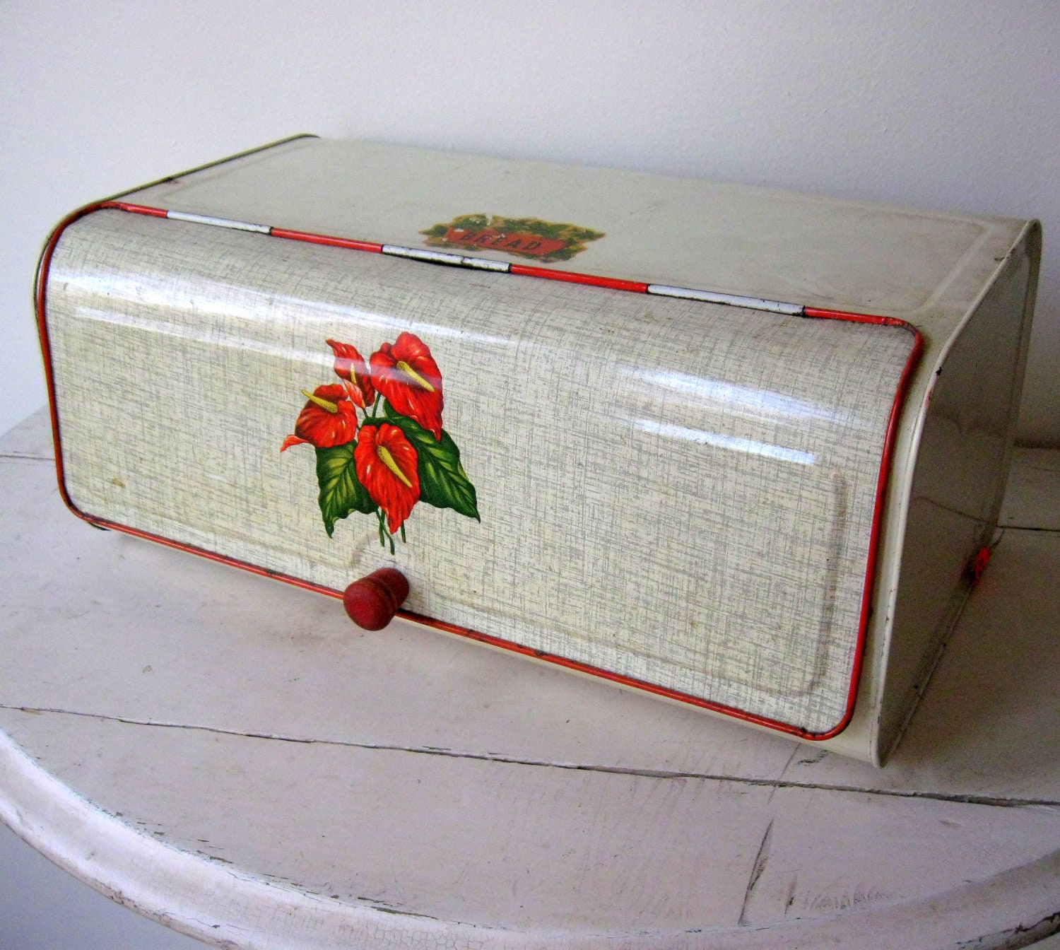 French Vintage Tin Bread Box Cream and Red