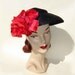 Vintage 40s 50s Hat New Look Rawak Model Pancake Platter Navy Blue Straw & Red Silk Rose Flower