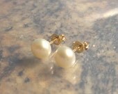 Yellow Gold Pearl Earrings, 14k Gold Fill Posts. Baby, children, kids, adults
